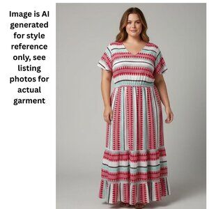 OLIPHANT "Mezcal" Maxi Embroidered Tiered Flutter Sleeve Peasant Dress, Red - XL